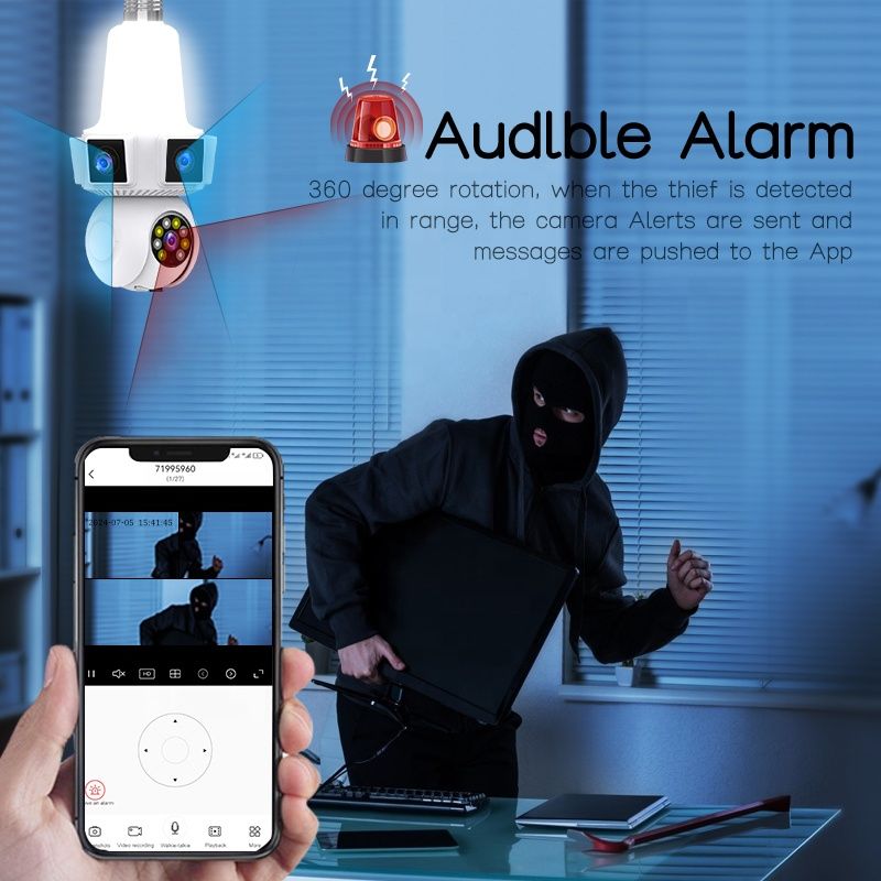 12mp E27 Three Lens Wireless Security Camera Light Bulb Home Two Way Audio Cctv Network Camera IP PTZ Mini Wifi Camera