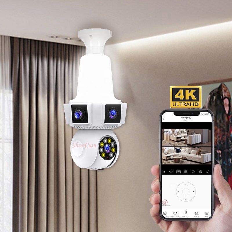 12mp E27 Three Lens Wireless Security Camera Light Bulb Home Two Way Audio Cctv Network Camera IP PTZ Mini Wifi Camera