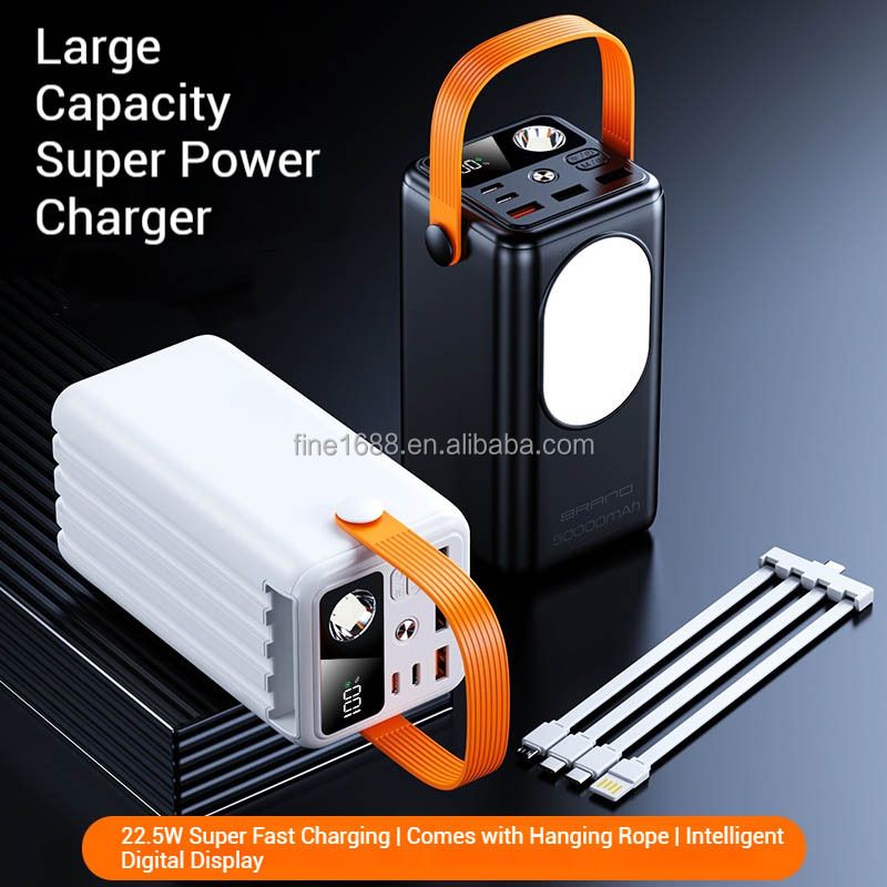 30000mAh power bank Large Capacity 22.5W Fast Charging Mobile Power Bank Detachable Four charging cables TYPE-C Bidirectional Fast Charging 30000mAh Power Bank with flashlight