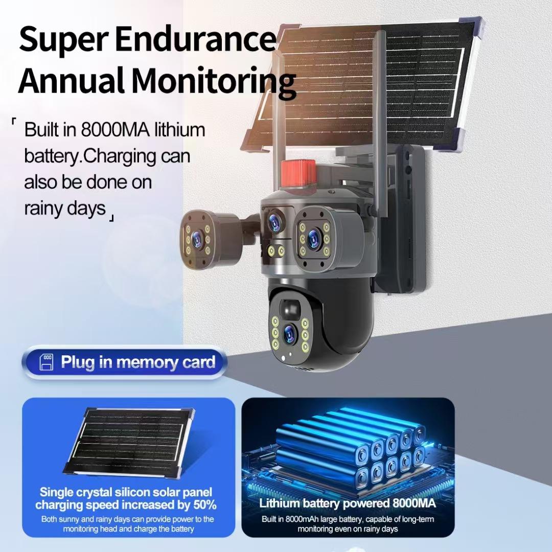 4G solar cctv camera triple Lens 3Lens 3Views 12MP 4G Sim Card Solar Outdoor Network Cameras 360 PTZ IP CCTV Wireless WIFI Camera Security Night Vision CMOS