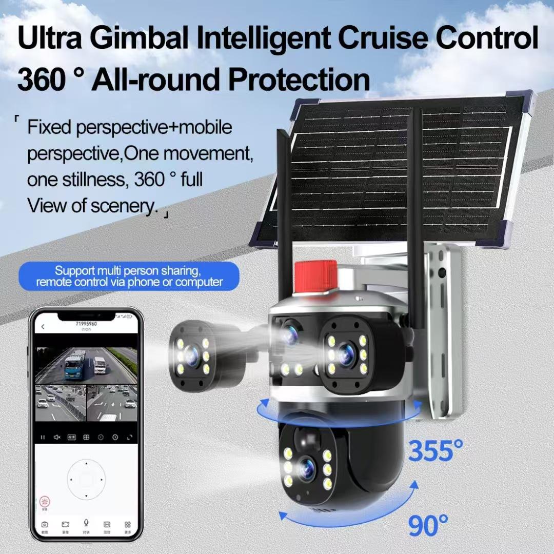 4G solar cctv camera triple Lens 3Lens 3Views 12MP 4G Sim Card Solar Outdoor Network Cameras 360 PTZ IP CCTV Wireless WIFI Camera Security Night Vision CMOS