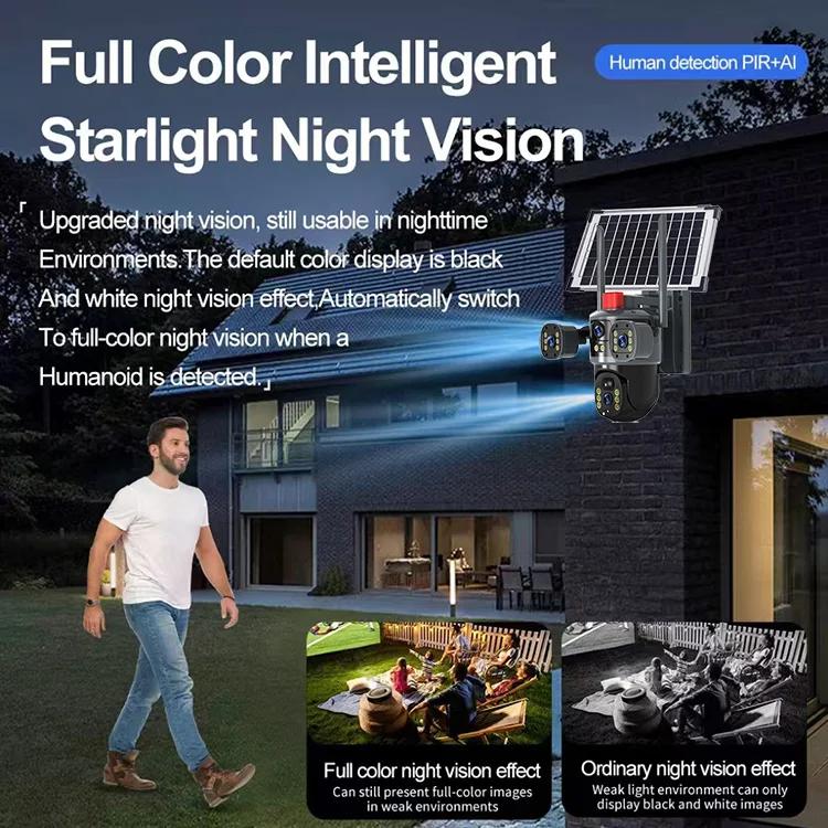 4G solar cctv camera triple Lens 3Lens 3Views 12MP 4G Sim Card Solar Outdoor Network Cameras 360 PTZ IP CCTV Wireless WIFI Camera Security Night Vision CMOS