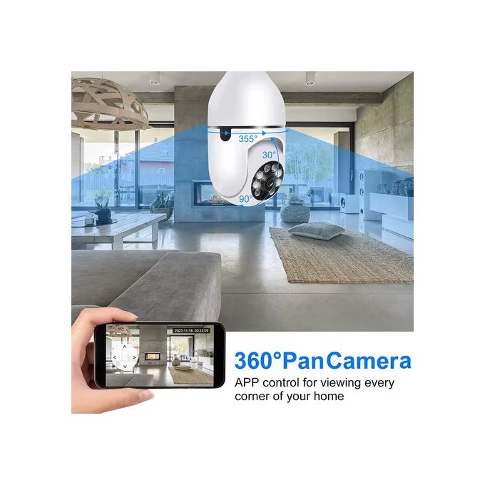 1080P CCTV CAMERA 360° PANORAMIC BULB CCTV WiFi IP PTZ PAN & TILT ROTATING CAMERA MOTION TRACKING,2WAY COMMUNICATION, SUPPORT SD CARD AND CLOUD STORAGE,FULL COLOR IMAGES ,ALARM AND MESSAGES NOTIFICATI