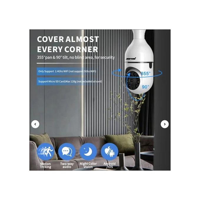 1080P CCTV CAMERA 360° PANORAMIC BULB CCTV WiFi IP PTZ PAN & TILT ROTATING CAMERA MOTION TRACKING,2WAY COMMUNICATION, SUPPORT SD CARD AND CLOUD STORAGE,FULL COLOR IMAGES ,ALARM AND MESSAGES NOTIFICATI