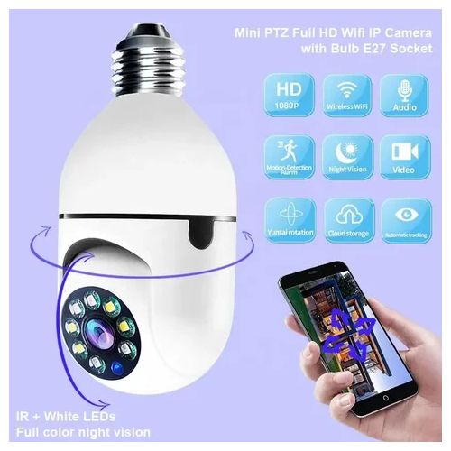 1080P CCTV CAMERA 360° PANORAMIC BULB CCTV WiFi IP PTZ PAN & TILT ROTATING CAMERA MOTION TRACKING,2WAY COMMUNICATION, SUPPORT SD CARD AND CLOUD STORAGE,FULL COLOR IMAGES ,ALARM AND MESSAGES NOTIFICATI