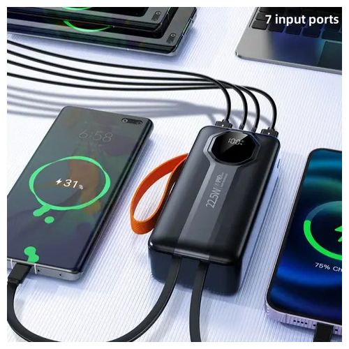 30000mAh fast charging powerbank 22.5W high capacity powerbank with own inbuilt charging cables for type C&iphone phones and 4 USB charging ports for other phone types