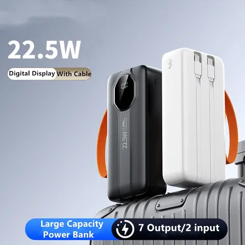 30000mAh fast charging powerbank 22.5W high capacity powerbank with own inbuilt charging cables for type C&iphone phones and 4 USB charging ports for other phone types