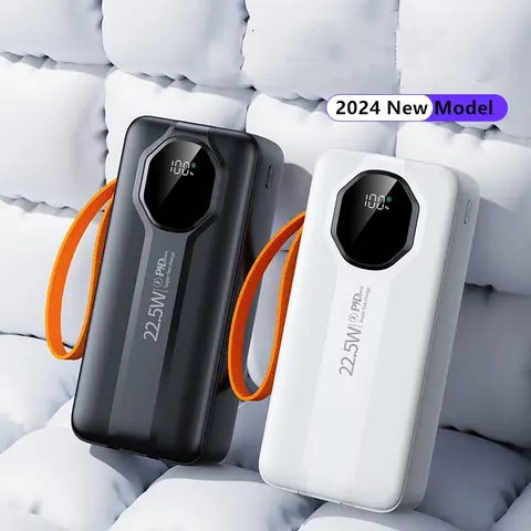 30000mAh fast charging powerbank 22.5W high capacity powerbank with own inbuilt charging cables for type C&iphone phones and 4 USB charging ports for other phone types