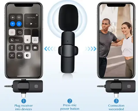 3 in 1 Wireless Lavalier Microphone for IPHONE/ANDROID/TABLET/Perfect for vlogging, podcasts, presentations, live performances, and professional recordings., Black