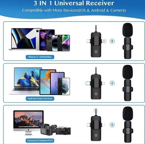 3 in 1 Wireless Lavalier Microphone for IPHONE/ANDROID/TABLET/Perfect for vlogging, podcasts, presentations, live performances, and professional recordings., Black