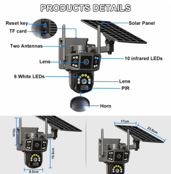 Solar CCTV camera 2 lens solar camera with Human Motion Tracking, NIGHT VISION, Motion Detection, Face detection, Vandal-proof, Sound Detection, People Counting, PAN-TILT, Two-way Audio, Low