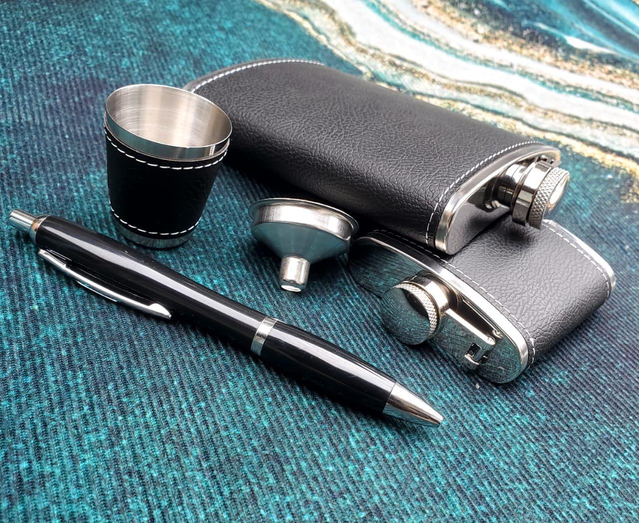 2 Whiskey Flasks with 1 Tot Cup, 1 Funnel & a Pen Gift Set