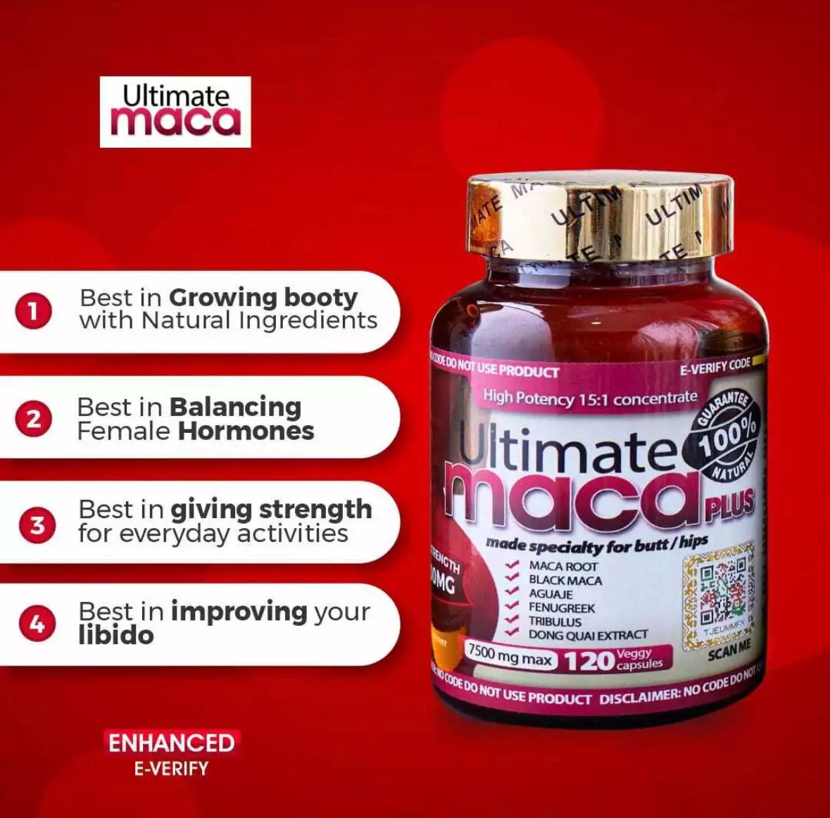 Original Ultimate Maca Plus For Butt And Hips Enhancement Butt And Hip Enlarge Firm And Lift Curves 7500mg 120Capsules