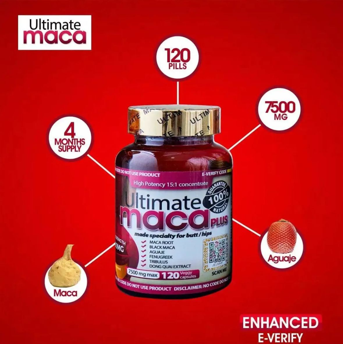 Original Ultimate Maca Plus For Butt And Hips Enhancement Butt And Hip Enlarge Firm And Lift Curves 7500mg 120Capsules