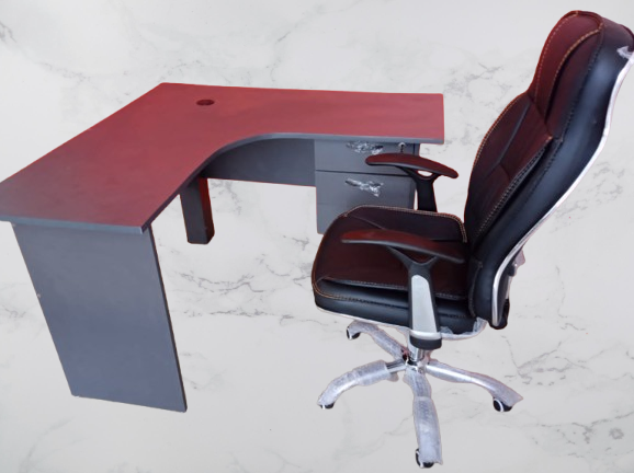 Grey L-Shaped Office/Study Desk & Premium Leather Office Chair – Perfect Combo for Comfort & Productivity.