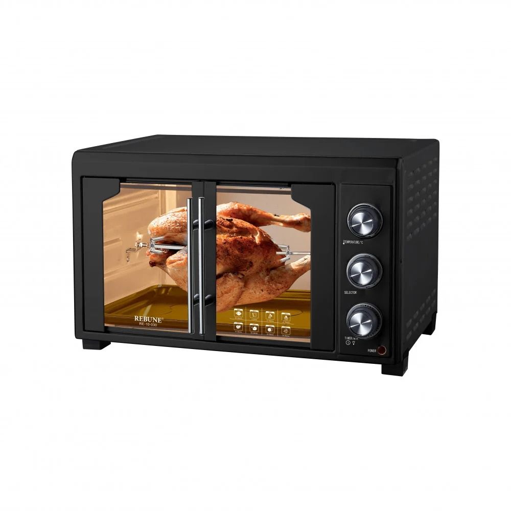 OVEN. 75 litres Rebune RE-10-031  commercial double door oven, features multiple heating modes (top, bottom, convection, rotisserie), adjustable temperature up to 250°C, a 60-minute timer
