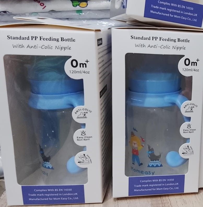 FEEDING BOTTLE. Blue Newborn starter feeding bottle 120 ml, designed nipple allows for a secure latch and the ribbed texture helps prevent nipple collapse for uninterrupted, comfortable feeding.
