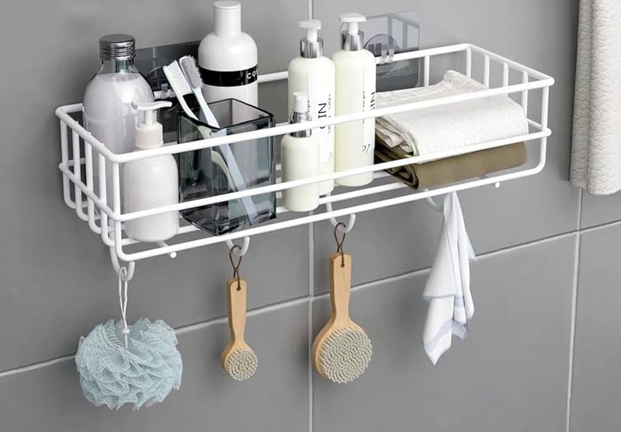 🥳 SHOP SMART FOR LESS 🎉 on the new Rectangular Mettalic Bathroom Storage/organisation shelf organizer with hooks .