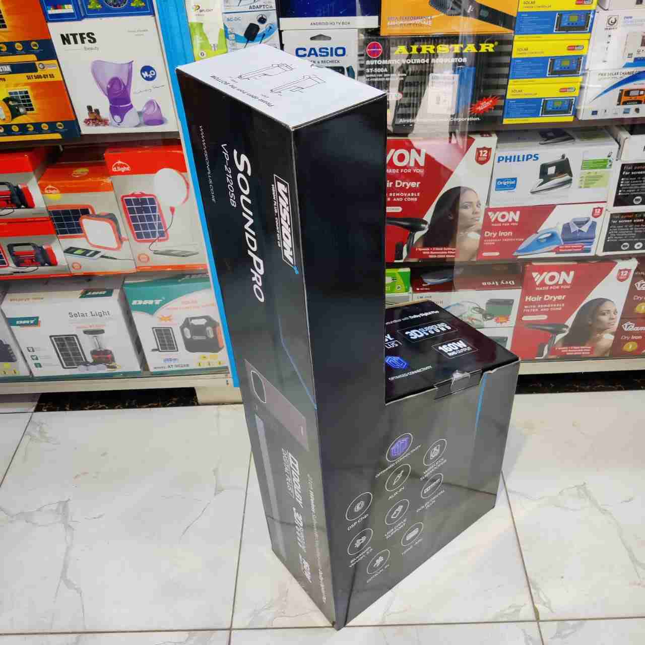 🥳 NEW ARRIVAL LISTING ON SALE 🥳Vision Soundbar Vp2120SB.
Watch movies and listen to music in style with the Vision Plus 2.1 CH SoundPro. This system supports Bluetooth connectivity and comes with US