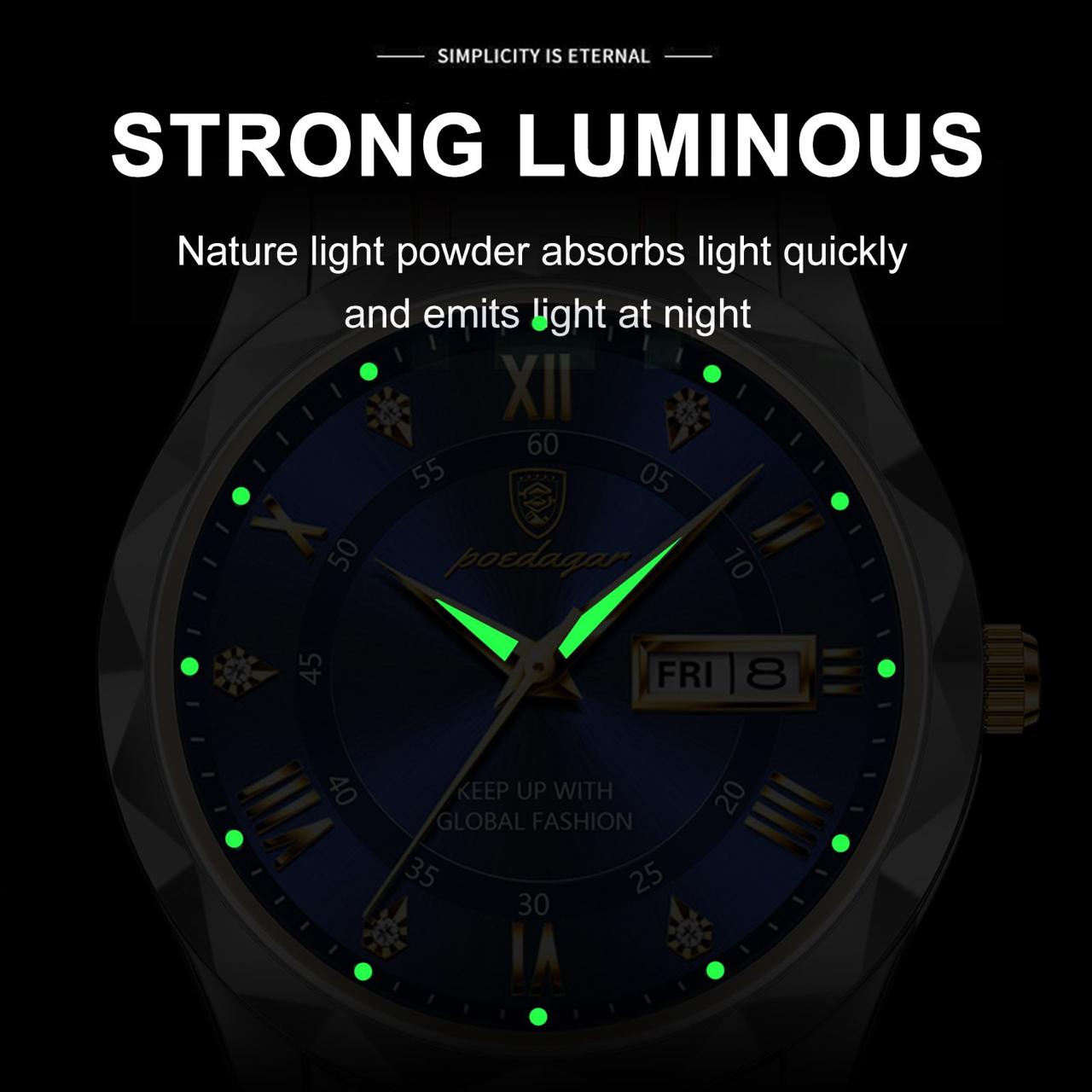 POEDAGAR 615 Men Watch For Sports Waterproof Luminous Stainless. Day and Time display. Strong luminous glow in the dark.
Case Shape: Round
Dial Window Material Type: Hardlex