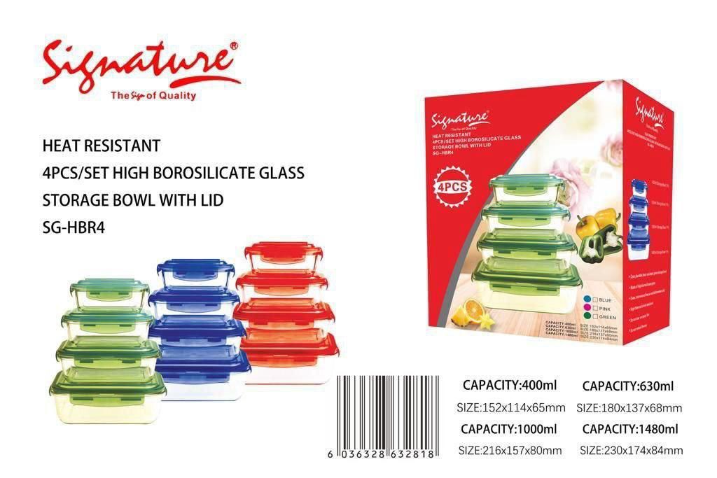 Set of 4 Signature Storage BowlsGlass casserole set with lids. Microwave, dishwasher and freezer safe. Oven proof. Nice Dinner Food serving dish with glass lid. Keep your food containers organized and