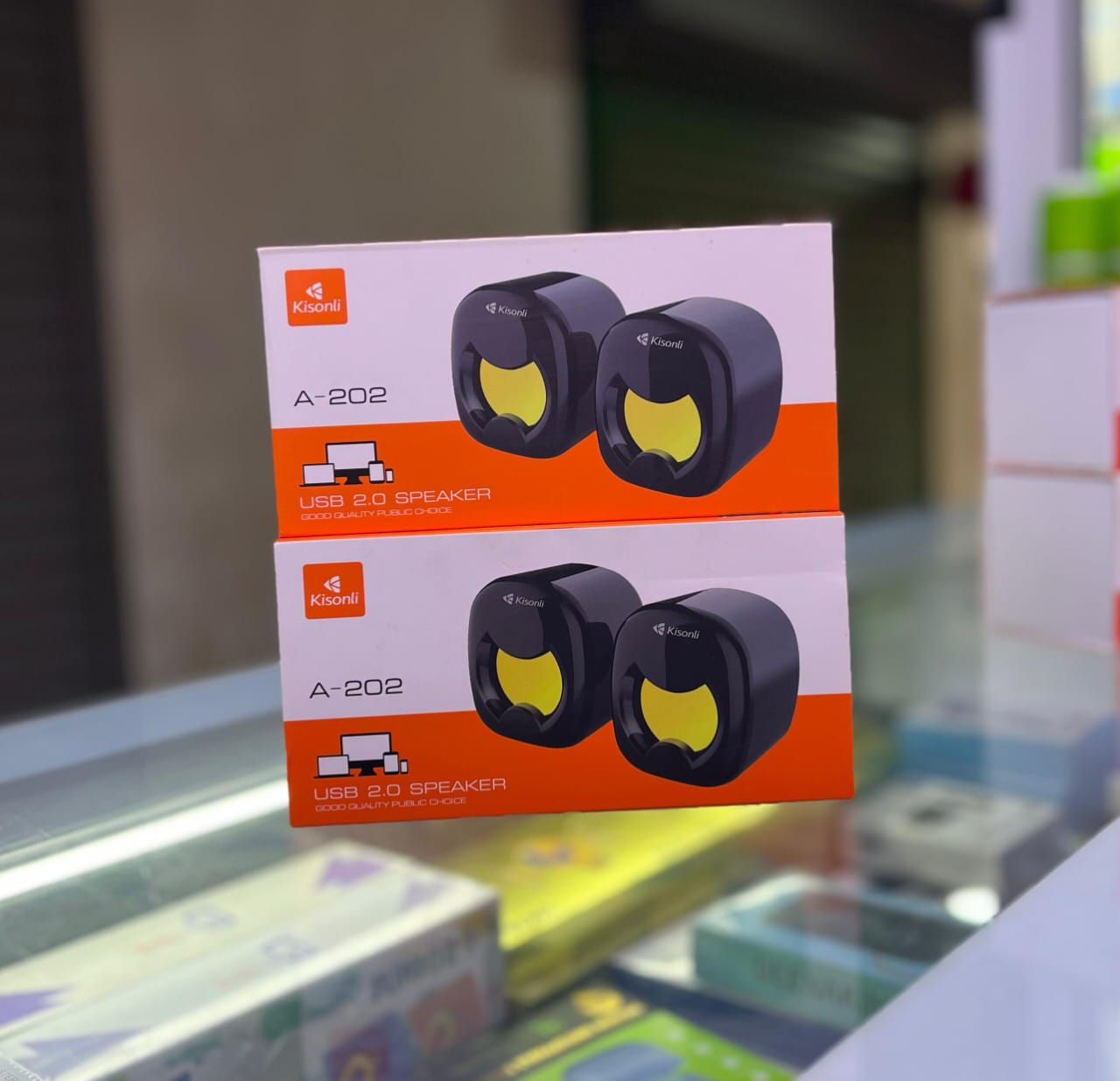 Kisonli Desktop, Laptop speakers Model A-202. a compact and stylish desktop speaker designed for laptops and PCs, offering clear and immersive stereo sound. Delivers balanced highs and lows