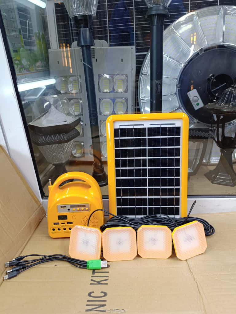 New Solar Lighting System Kit with 4 Led Lights,FM Radio,BT speaker and USB Mobile Charging. perfect blend of brightness, entertainment, and reliability — designed to keep your home or outdoor space