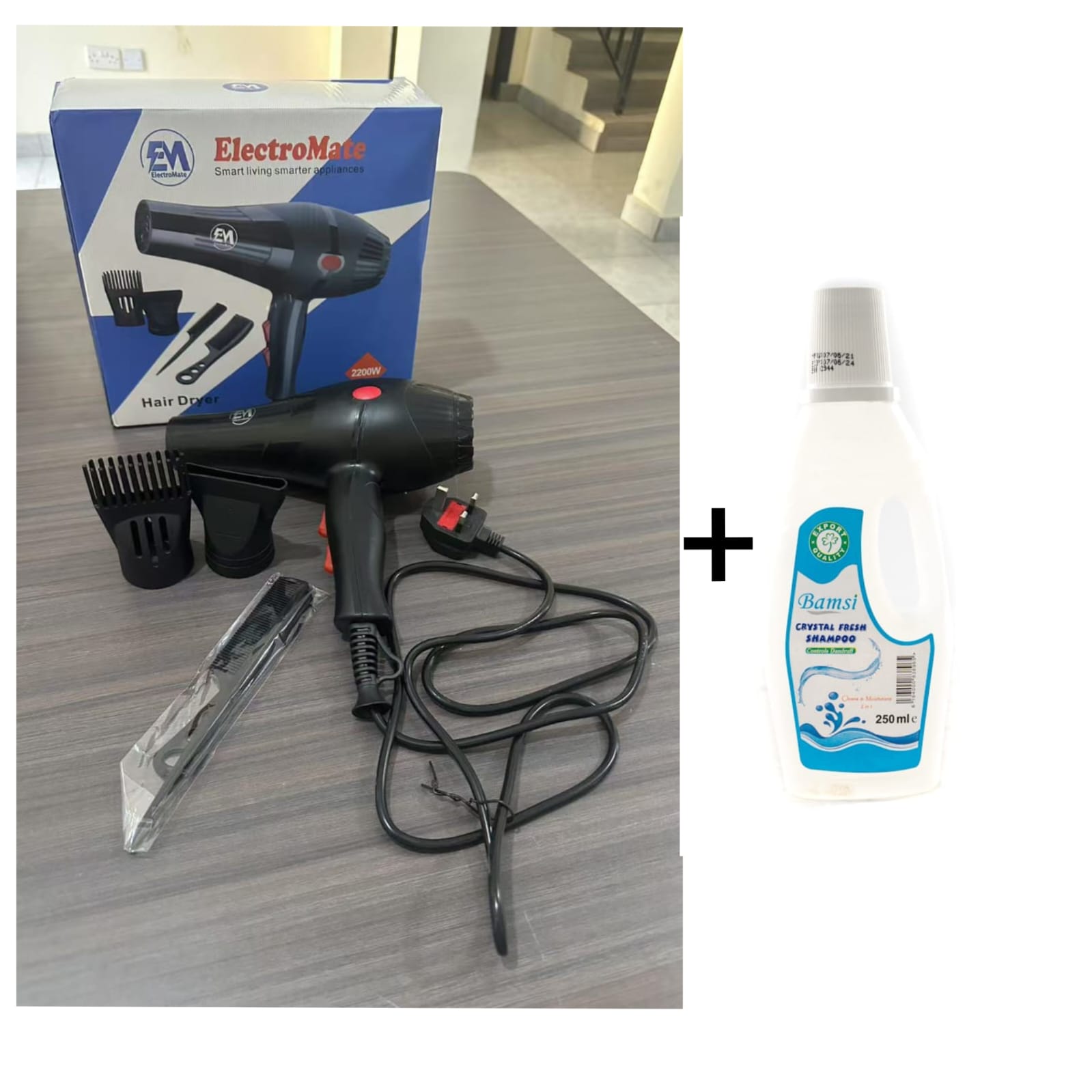 Electromate 2200W Professional Hair Dryer + FREE Bamsi Hair Shampoo 🌟 Powerful Drying. Smooth Styling. Healthy Hair!fast drying, sleek styling, and long-lasting shine. Comes with FREE Bamsi Hair Sham