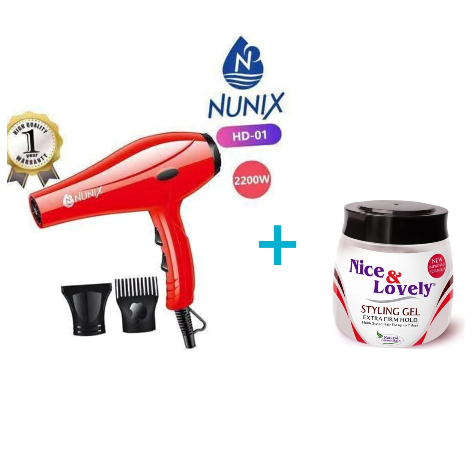 Nunix HD-01  2200W Professional Hair Dryer + Nice & Lovely styling gel.Get the perfect style and shine combo.going for a sleek, voluminous, or natural look, this powerful pair ensures salon-quality