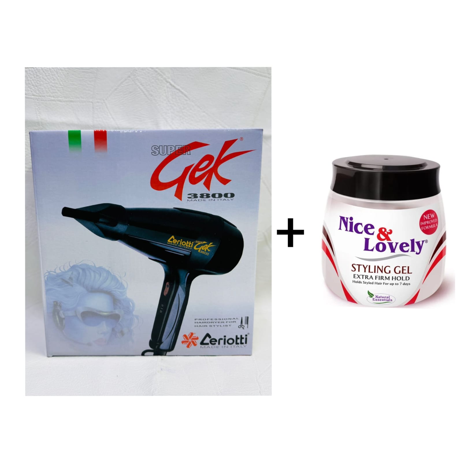 Gek zeriotti 3800 Professional Hair Dryer + Nice & Lovely styling gel.Bring salon-quality results home.With a Lovely Styling Gel for smooth, shiny, and perfectly styled hair every day!