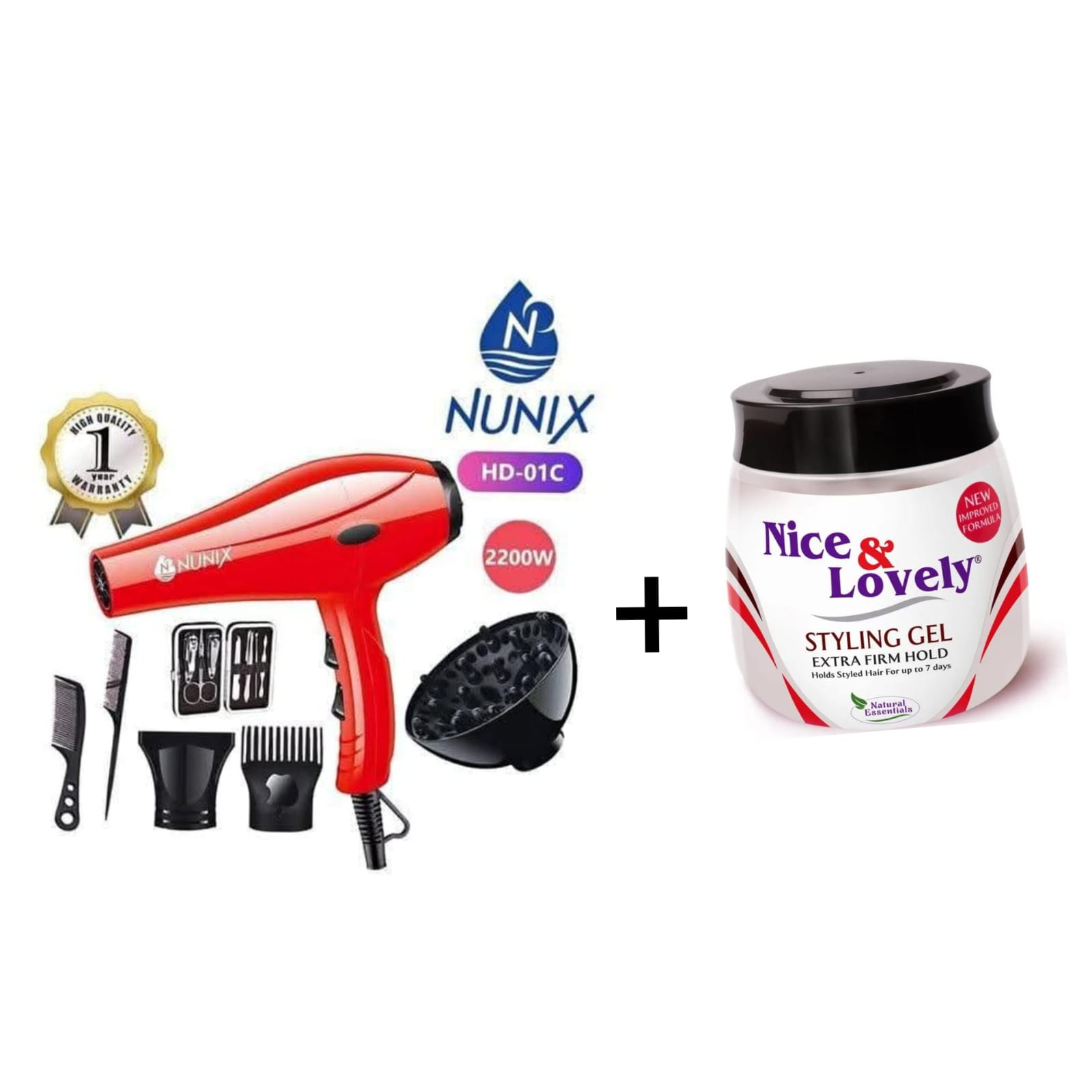 Nunix HD-01C  2200W Professional Hair Dryer + Nice & Lovely styling gel.Perfect for all hair types, this combo brings power, precision, and style right to your fingertips.