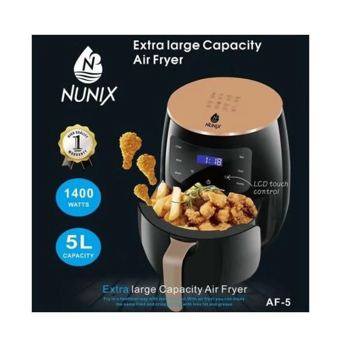 Nunix AF-05GL 5.5L Air Fryer – Oil-Free Healthy Cooking, Non-Stick Basket, Adjustable Temperature & Timer, 1500W – Black