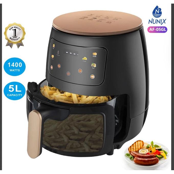 Nunix AF-05GL 5.5L Air Fryer – Oil-Free Healthy Cooking, Non-Stick Basket, Adjustable Temperature & Timer, 1500W – Black