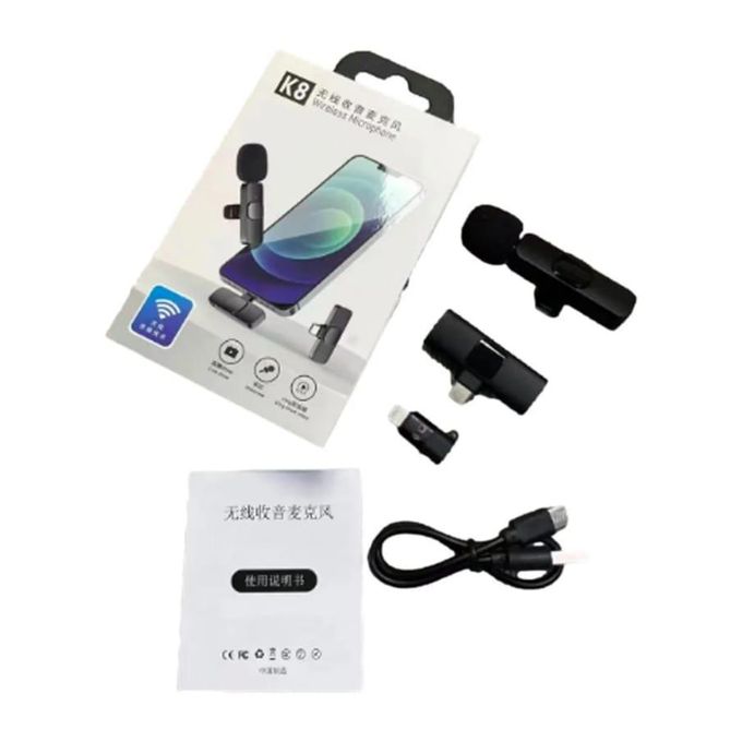 *k8 double  microphone  Clip on lavalier rechargeable Wireless microphone for tiktok video recording and live*

💥for iPhone,  android and type c phones
💥noise canceling and clear recording