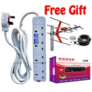 Power King 5-way socket extension cable along with a digital TV aerial and a Sonar DVB-T2 set-top box as a free gift. 
Extension Cable: A 5-way power extension socket with a 3-meter heavy-duty PVC cab