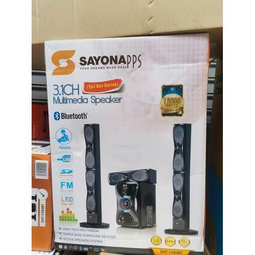 Sayona SHT-1204BT 3.1Ch Subwoofer System Tallboy Speakers
Bluetooth enabled

• 3.1 channel- 2speakers, 18W each

• 2 tall boy speakers

• Power Output: 100W +20W*3

• Power output Bass: P.M.P.O 18000W