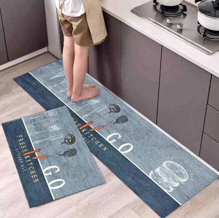 2-Piece Absorbent Kitchen Mat Set Rubber Backing, Skid-Resistant Base  Large & Small Sizes for Safe, Stylish Cooking Spaces Big size -120 by 40cm Small size -60 by 40cm