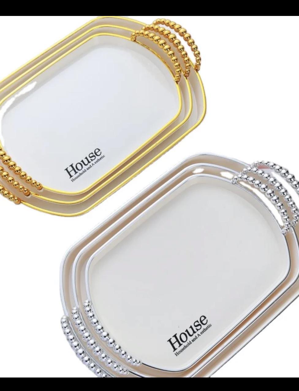 Serving Tray With Golden Handles - Set Of 3 Serving Tray With Golden Handles - Set Of 3 PCS,