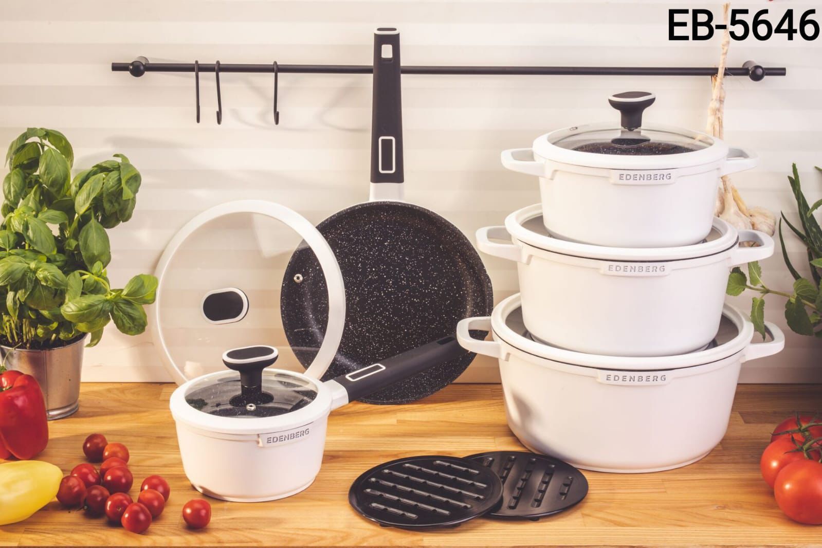 EDENBERG 12 Pcs Marble-Coated Cookware Set-White  They are suitable for all types of cookers, including induction cookers, and thanks to the high resistance of the coating, the pots can be used in the