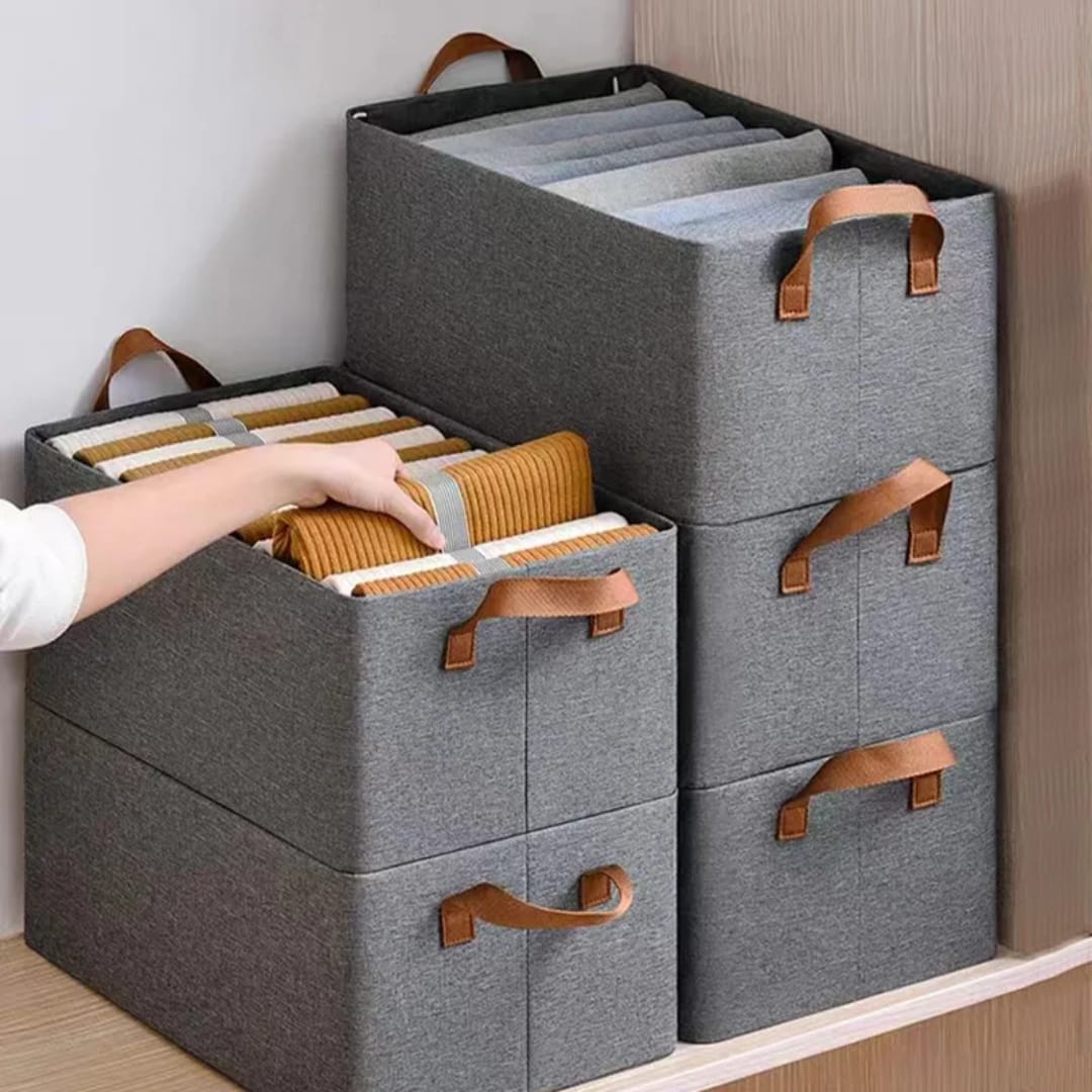 Foldable cloth storage bags Made of high quality linen fabrics eco-friendly, fabrics durable material, and it doesn't have any odor. Designed to match interior decor and style in any room in the home