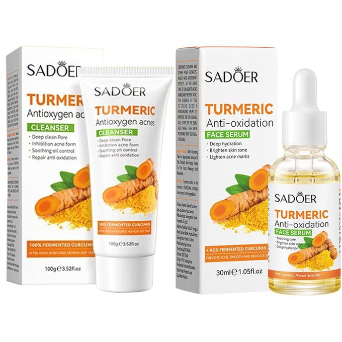 SADOER Turmeric Anti-Oxidation Face Serum Set + Tumeric Cleanser Help Improve The Complexion And Moisturize The Skin, Minimizing The Appearance Of Fine Lines And Deep Wrinkles And Fading Dark Spots