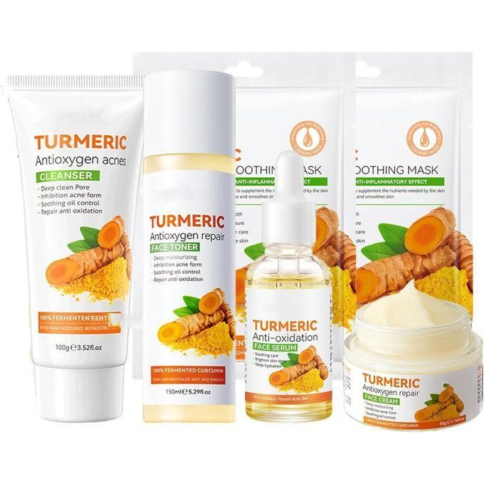 SADOER Turmeric Skincare Set For Anti-Aging Glowing Skin,Include Face Cleanser, Turmeric Oil Serum-Toner-Face Cream-and 2 Tumeric Sheet Mask For Dark Spot Corrector Remover Anti Aging Firming(Set) 6pc