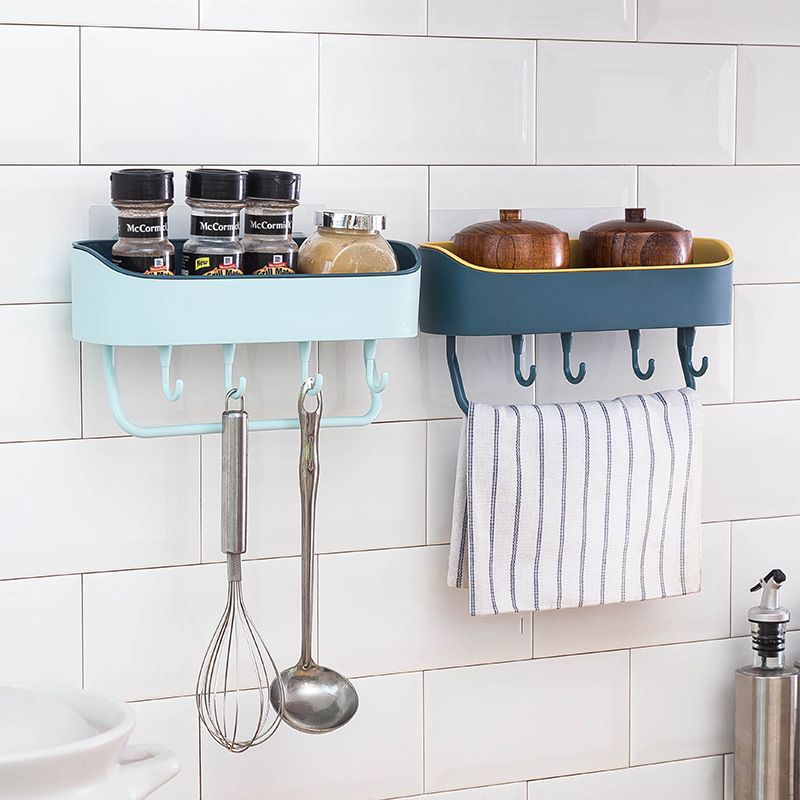 Non-perforated  Plastic Wall-Mounted StorageBasket,Toilet Storage Rack, Kitchen Storag Rack ,Bathroom Wall Shelf With Hooks,Self Adhesive No Drilling,Removable Plastic Shelf, bathroom organizer
