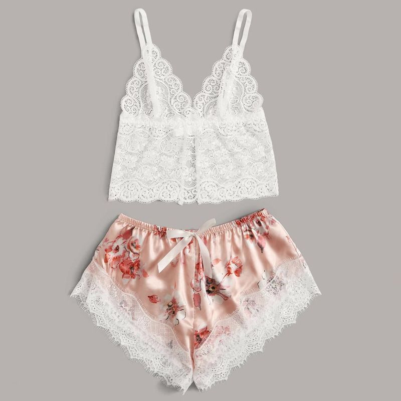 New Arrival Three-piece Set Sling Ladies Nightwears Pink Floral Robe Lace Top and Pajamas Sets Sleepwear Comfortable Nightgowns Lace Vest With Shorts And Long-sleeved Robe Suit