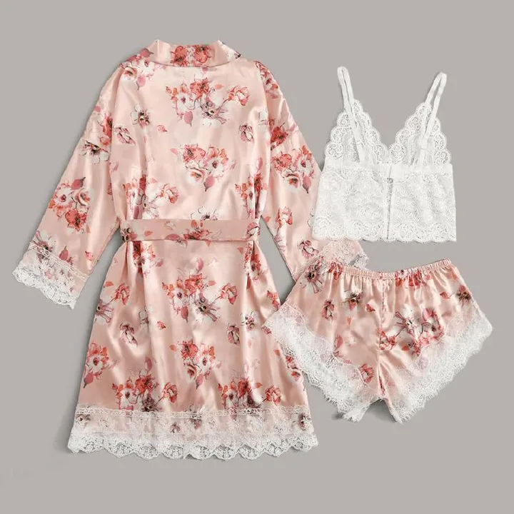 New Arrival Three-piece Set Sling Ladies Nightwears Pink Floral Robe Lace Top and Pajamas Sets Sleepwear Comfortable Nightgowns Lace Vest With Shorts And Long-sleeved Robe Suit