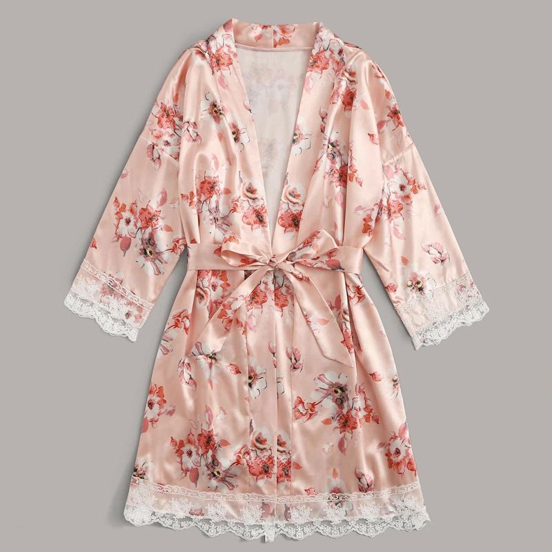 New Arrival Three-piece Set Sling Ladies Nightwears Pink Floral Robe Lace Top and Pajamas Sets Sleepwear Comfortable Nightgowns Lace Vest With Shorts And Long-sleeved Robe Suit