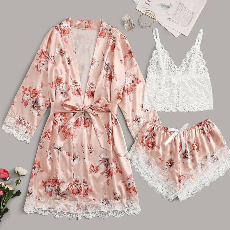 New Arrival Three-piece Set Sling Ladies Nightwears Pink Floral Robe Lace Top and Pajamas Sets Sleepwear Comfortable Nightgowns Lace Vest With Shorts And Long-sleeved Robe Suit