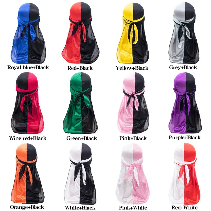 High Quality Double Color Headwraps Satin Hair Bonnets Two Tone Silky Durags Satin Long Tailed Headscarf Hat for Men Women