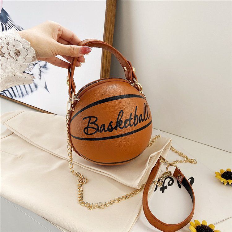 Hot sale Small Basketball Hand Bag popular Fashion Women  PU Leather Chains Letter Print Handbag Female Mini Round Tote hand bag