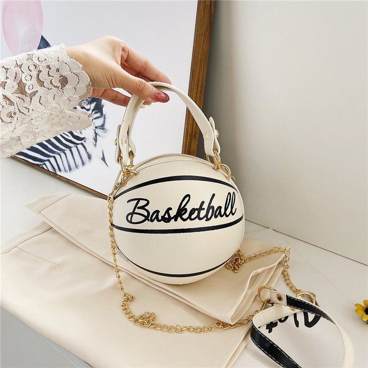 Hot sale Small Basketball Hand Bag popular Fashion Women  PU Leather Chains Letter Print Handbag Female Mini Round Tote hand bag